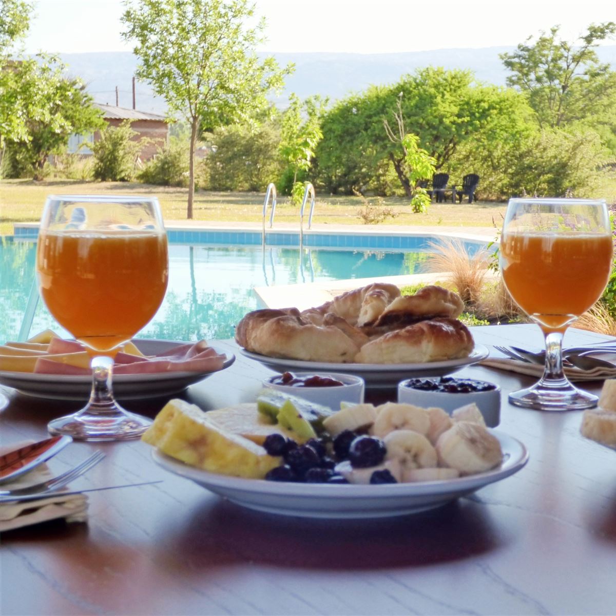 Desayuno continental junto a la piscina | La Rosa Apart Hotel Solo Parejas - Mina Clavero - Traslasierra