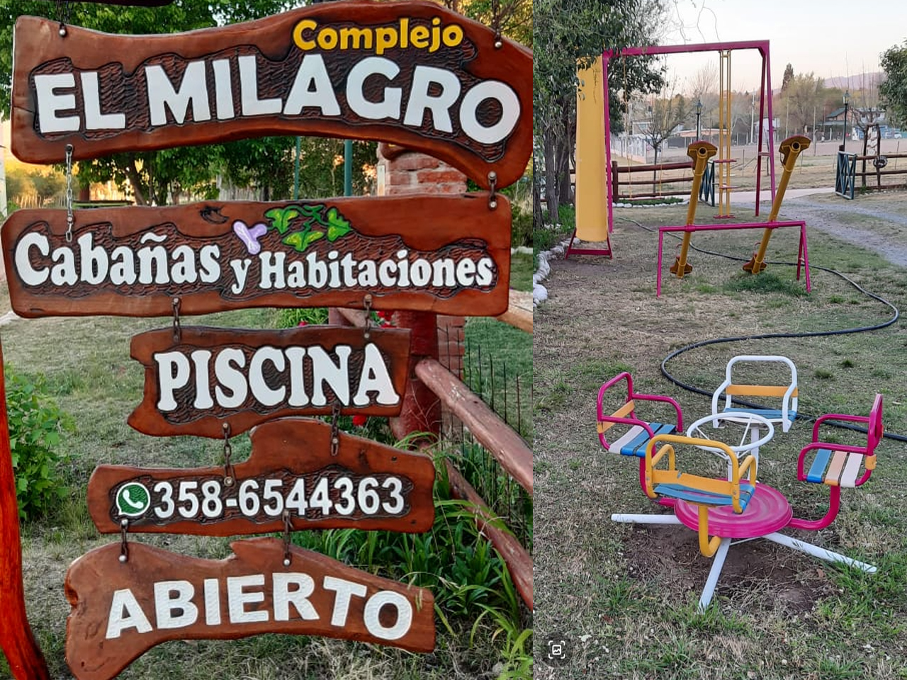 Complejo, jardín con juegos de plaza | El Milagro Cabañas - Mina Clavero - Traslasierra